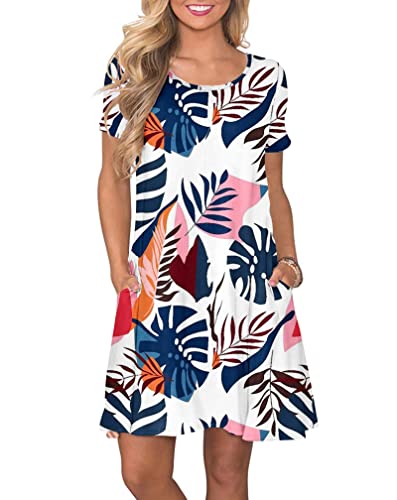 AUSELILY Vestidos Verano Mujer Vestido T Shirt Casual Manga Corta con Bolsillos Plátano Azul L