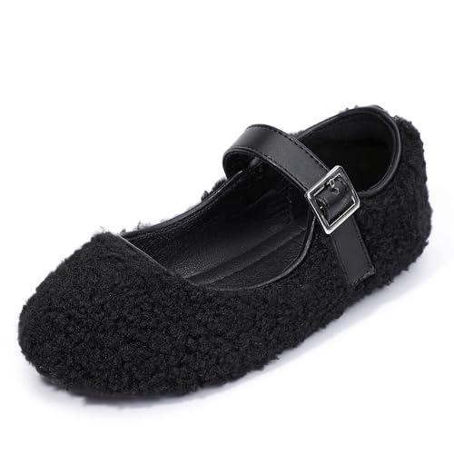 PANDANINJIA Girls Dress Shoes Ballet Flats Faux Fur School Wedding Party Toddler Little Big Kid Girls Mary Jane Shoes