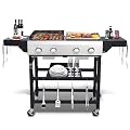 4-Burner Propane Gas Grill and Griddle Combo | 38200BTU Stainless Steel Outdoor BBQ with Side Shelves & Wheels, Cabinet Style Cart (Includes 2 Grill Grates & 2 Flat Top Griddles)