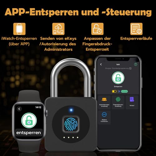 Anweller Vorhängeschloss Fingerabdruck, Fingerabdruck Schloss, Spindschloss, Schloss mit Fingerabdruck und APP, Vorhängeschloss Wetterfest für Spind, Keller