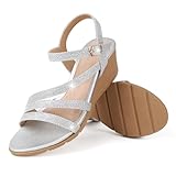 Goldnut Glitter Strappy Wedge Sandal for Women Dressy, Sparkly Women's Open Toe Comfortable Ankle Strap Sandals for Bridal Silver Size 8