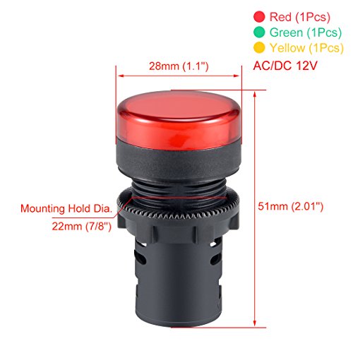 Uxcell 3Pcs Red Green Yellow Indicator Light Ac/Dc 12V, 22Mm Panel Mount, For Electrical Control Panel, Hvac, Diy Projects #TOP1