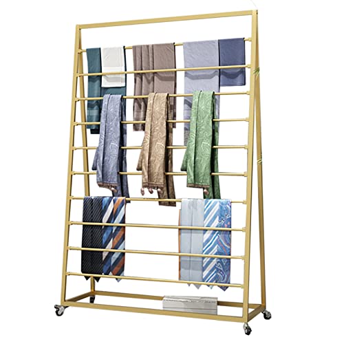 UWYTGF Rolling Scarf Rack Display Stand On Wheels,Floor Standing Metal Scarf Multi-Purpose Holder Organizer for Shawl/Belts/Ties/Pants/Cloths,Large Capacity,Gold