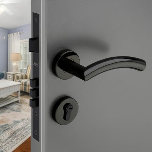 Image of LAPO Mortise Door Lock for Home Main Door & Bedroom with Handle | 50x85mm Body | Heavy-Duty 70mm Cylinder | 3 Brass Keys | Left-Right Fit 30-50mm Door Home Office Hotel | Black Finish | CMH-5T