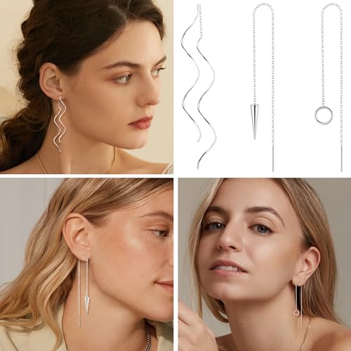 ORAZIO 6 Pairs Stainless Steel Chain Tassel Earrings for Women Lightweight Wave Threader Ball Dangle Drop Minimalist Chain Earrings Set4