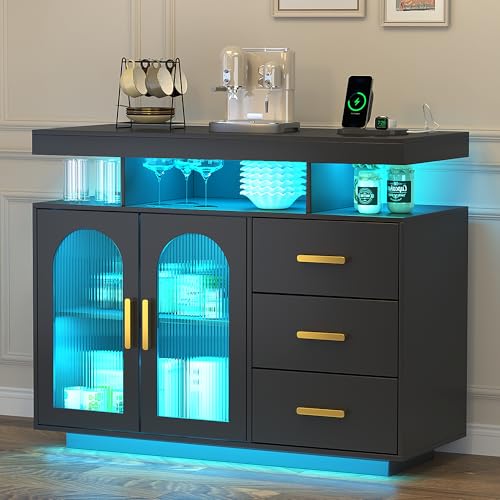 WOOVIVS LED Sideboard Buffet Cabinet with Charging Station, Wine Cabinets