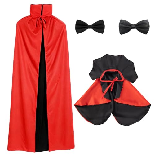 4Pcs Vampire Family Halloween Costume Set, Matching Costume for Human & Medium and Large Dog Cat Cape Cloak for Devil Cosplay with Bow (59-Inch for Adult)