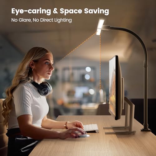 Image of LED Desk Lamp for Home Office, 24W Computer Desk Light with Remote Control, Bright Table Lamp with Clamp Dimmable Tall Desktop Lighting with Bendable Gooseneck, Double Head, Black