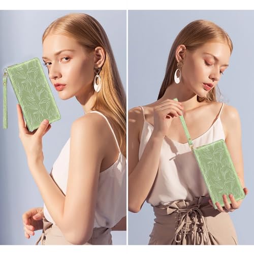 Image of Nipichsha Womens Wallet, RFID Wristlet Wallet for Women, Cute Ladies Purse, Large Card Clutch Purse with Phone Holder, Grass green