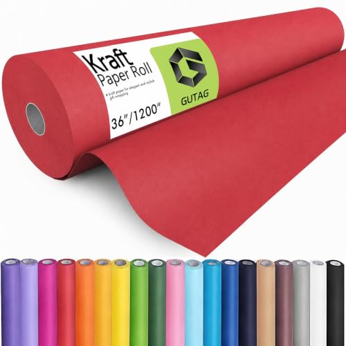 GUTAG 36" x 1200" (100') Kraft Paper Roll for Craft Bulletin Board Paper Art Table Covering Crafting Gift Wrapping Bouquet Packing Parcel 70GSM 50LB (Red, 36x1200)