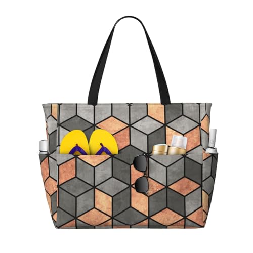 Grand sac de plage pour femme à bandoulière motif cubes de béton et cuivre