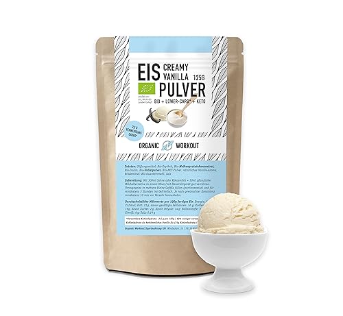 Lower-Carb* Vanille Eis Mix - Cremiges Eis mit Erythrit gesüsst, bio, ohne Zucker-Zusatz nur 2,5 g verwertbare Kohlenhydrate - keto ohne Maltit - glutenfrei, bio - 125 g, Organic Workout