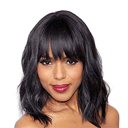 Elegant Black Wig with Bangs Bob Short Curly Wigs for Women Charming Natural Wavy Wigs for Black Women Bangs Wigs Hair Wig Extensions(14inch 1B Black))