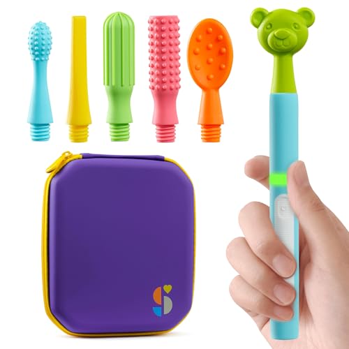 Image of Special Supplies Buzz Buddy Oral Motor Stimulation kit with 6 Soft Textured Interchangeable Heads, Calm Sensory Needs, Support Speech, and Stimulate Self Feeding, Gentle Vibrations (Light Blue)