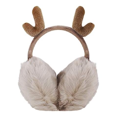 Lovely Reindeer Antlers Foldable Earmuffs, Women Girls Cozy Furry Fur Winter Ear Warmers Earflap Adjustable Outdoor Soft Fleece Plush Warm Ear Covers Earmuff Running Cycling Snow Ear Muffs Headband Cover