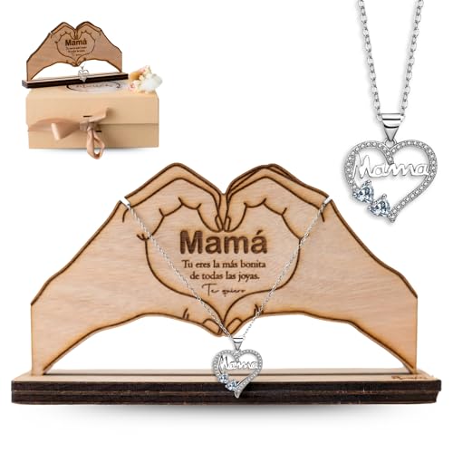 Miss Wichy Collar Mamá Plata con Caja Madera Tallada Láser Incluye Dedicatoria Soporte Joyero Regalo Emotivo Día de la Madre Mujer Elegante Detalle Original Mamá Corazón Amor Hija Joyería Sentimental