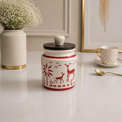 Image of Ceramic Kitchen Jars for Storage | Air Tight Containers with Wooden Lids | Masala, Salt, Pickle, Dry Fruits & Multi Utility Items Organiser Set (Hand-Painted, Red Deer, 450 ML, Pack of 1)