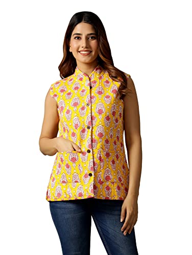 Image of Ravaiyaa - Attitude is everything Women's Floral Printed Reversible Quilted Jacket Coat Blazer Jacket Sleeve Less Waistcoat