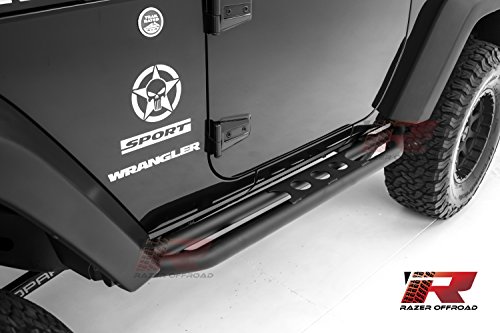 Razer Auto Black Textured Body Side Armor Rocker Guard Rock Sliders 1 Pair w/Step 2 Door Tube Running Boards (Black) for 07-17 Jeep Wrangler JK