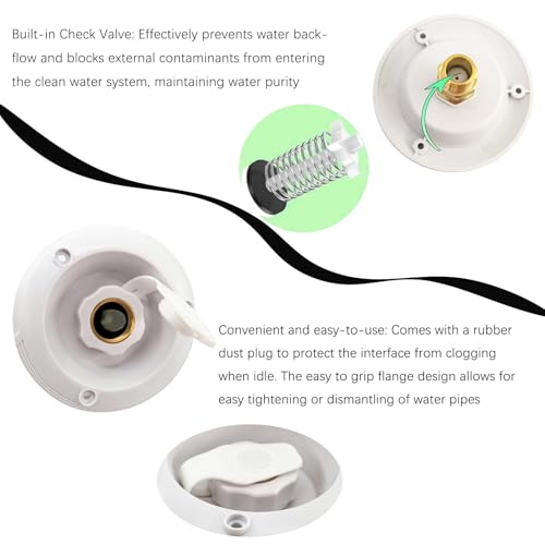 Image of RV City Water Fill Inlet Flange Connection Fittings with Check Valve fit RV Camper Trailer Marine Hose Water Inlet Connector Replacement for Connect 3 /4'' NH Female to 1 /2'' NPT Male (WHITE)