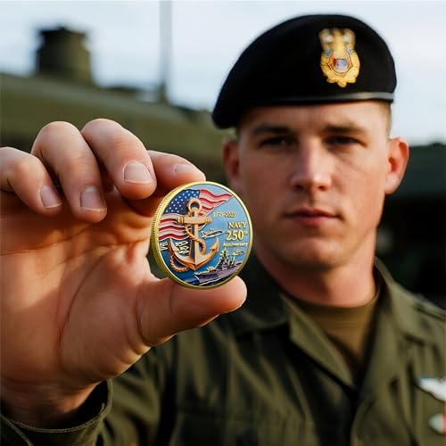 Image of Navy & Marine Corps 250th Anniversary Challenge Coin Double-Sided Gold Plated Military Commemorative Coin US Navy Collectible Warship Coin Veteran Gift, Armed Forces Memorabilia Sailor Souvenir (Navy)