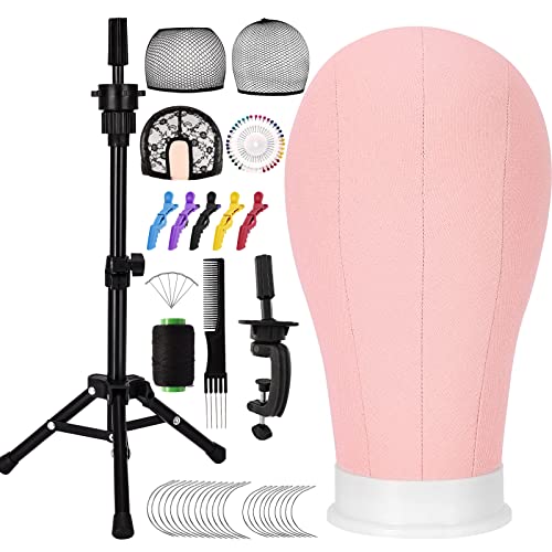 Yofuly Canvas Wig Head Set, 22 Inch Wig Stand Tripod With Mannequin Head, Canvas Block Head Wig Stand Set With Wig Caps, Table Clamp, Perfect For Diy Wig Making And Styling - Pink #TOP28
