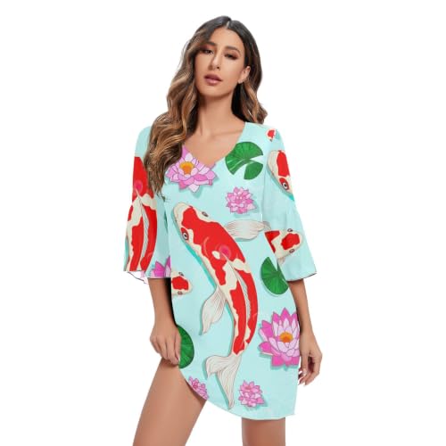 Robe courte imprimée carpes koï verte fluide et légère avec motif fleuri nénuphar