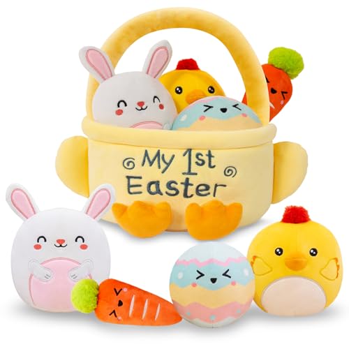 TOYSYM My First Easter Basket Stuffed Playset 5PCS Plush Bunny Chick Carrot Egg Gift for Easter