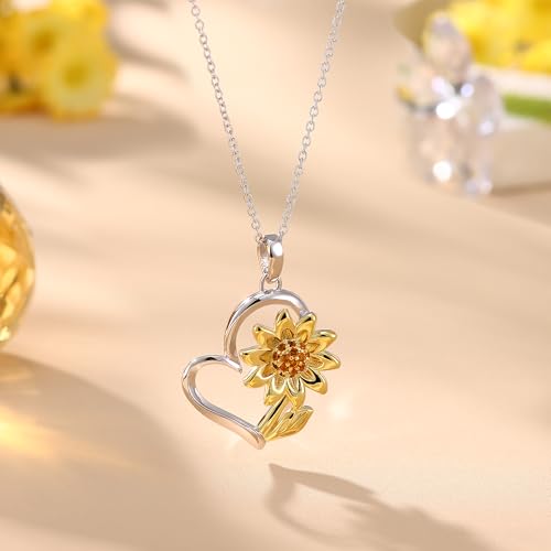 MILACOLATO 925 Sterling Silver Sunflower Necklace 14K Gold Plated You're My Sunshine Sunflower Heart Pendant Necklace Cubic Zirconia Sunflower Jewelry Gift for Women Mom3