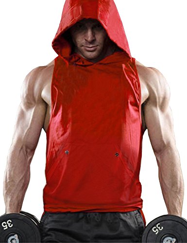 Daupanzees Men Workout Hooded Tank Tops Soft Lightweight Stretchy Cotton Sleeveless Shirts(Red XXL)
