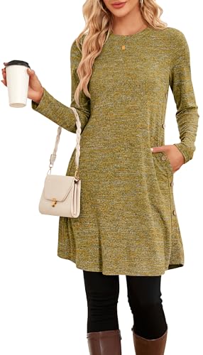 NARRAME Vestidos Tipo Jersey de Invierno para Mujer, Vestido Tipo túnica Lateral con Botones Informales de Manga Larga y Bolsillos, Cuadros medianos, Liso Amarillo