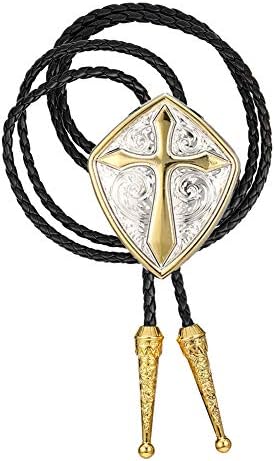 Tochispa bolo tie man,handmade Western cowboy gold Cross Roman Shield Alloy Leather rope Bolo Tie (Roman shield bolo tie)