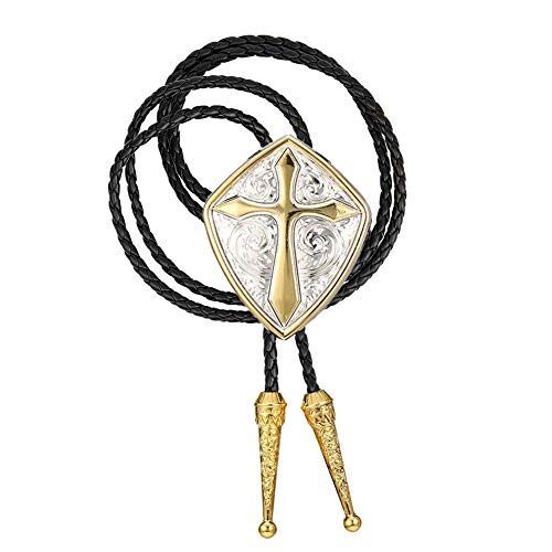 Tochispa Bolo Tie Man,Handmade Western Cowboy Gold Cross Roman Shield Alloy Leather Rope Bolo Tie (Roman Shield Bolo Tie) #TOP2