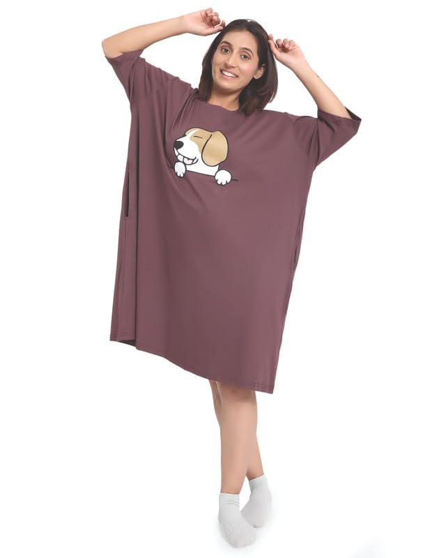 Image of LAMA STORE Women's Printed Oversized T-Shirt Dress, Cotton, 3 /4 Sleeve Length, Casual Loose Fit, Comfort Wear Extra Comfy Oversized Printed Pocket T-Shirt Dress