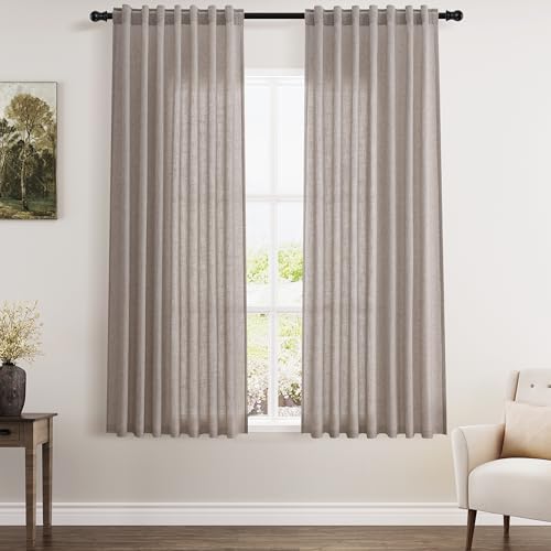 Image of Brownish Grey Linen Curtains 63 Inches Long for Bedroom Back Tab Light Filtering Privacy Sheer Curtains Modern Farmhouse Coastal Decor Cotton Textured Gauze Curtain for Bathroom 2 Panel Set