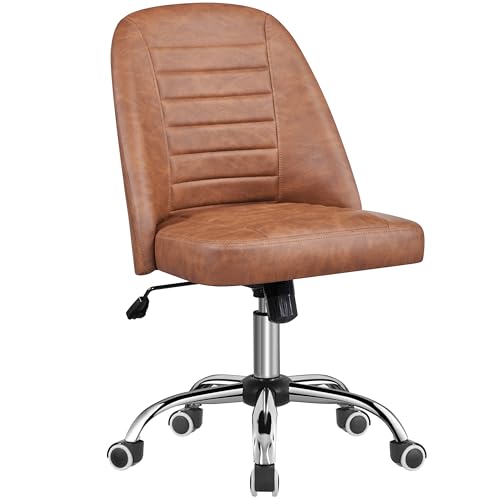 Yaheetech Bürostuhl ohne Armlehne Schreibtischstuhl Drehstuhl mit Rollen ergonomischer Schreibtischsessel höhenverstellbar Arbeitshocker Schminkstuhl Kunstleder Retro-Brown