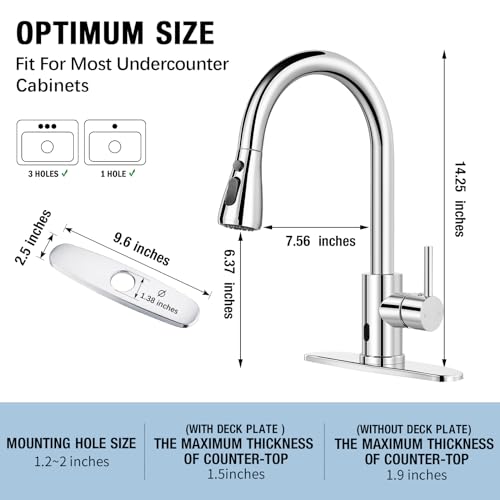 Qomolangma Touchless Kitchen Faucet with Pull Down Sprayer, Chrome Hands-Free Smart Motion Sensor Single Handle Kitchen Faucets, High Arc Kitchen Sink Faucet 1 or 3 Hole with Deck