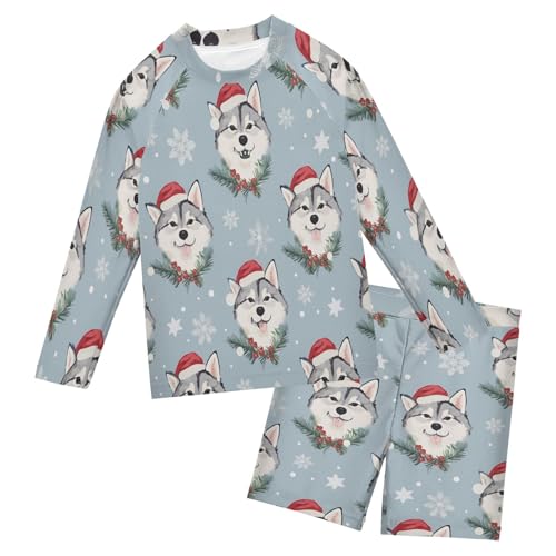 Xmas Husky Snowflake Boys Swimsuit Rash Guard Toddler Kids Long Sleeve Swim Shirt and Trunks Swimwear Set 3-10Y