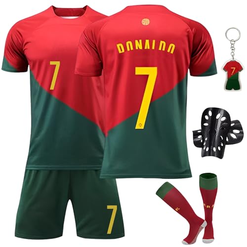 Pardofelis Camiseta de fútbol para niños, número 7, camiseta de fútbol, pantalones cortos, calcetines y rodilleras, juego de camiseta de fútbol al aire libre para niños, rojo y verde, 150-160, Rojo,
