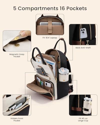 Image of LOVEVOOK Laptop Backpack for Women with Giant Tumbler Holder Pocket, 18 inch Large Travel Work Backpack Purse for Teacher Nurse, Waterproof College Book Bag Cute Casual Daypack, Beige-Black-Brown