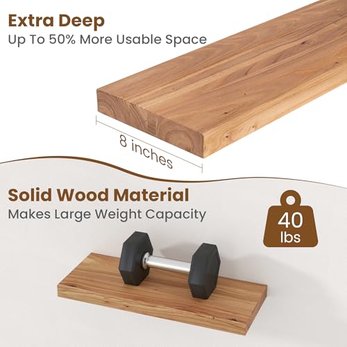 Image of Floating Shelves for Wall Decor, 8 inch Deep Rustic Solid Elm Wood Floating Shelves Wall Mounted, Wall Shelves with Invisible Bracket for Living Room Bathroom Bedroom Kitchen, 20 Inch Set of 2, Natural