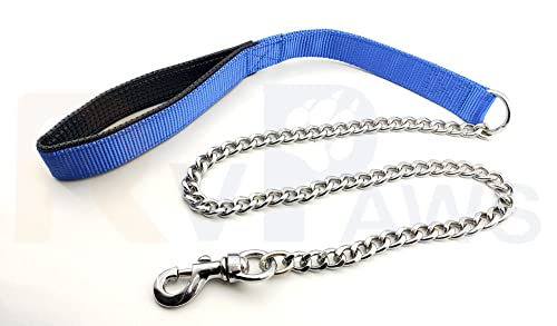 Image of RvPaws Diamond Cut Heavy Duty Dog Leash Metal Dog Leash Dog Chain with Padded Handle, Durable Leash Grinder Chain Heavy Hook Handle Leash Chain (Blue)
