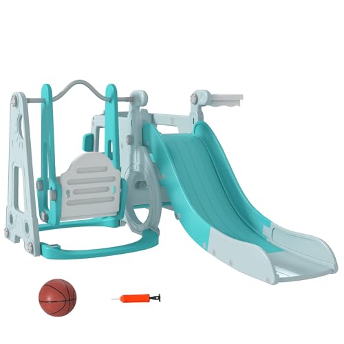 AIYAPLAY Juego de Tobogán y Columpio para Niños 6 en 1 Parque Infantil Tobogán para Bebés de 18-48 Meses con Volante Bocina y Baloncesto Carga 50 kg 201x151x87,5 cm Azul Claro