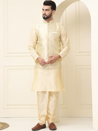 Image of SOJANYA (Since 1958 Men's Silk Blend Kurta Pyjama With Self Design Nehru Jacket