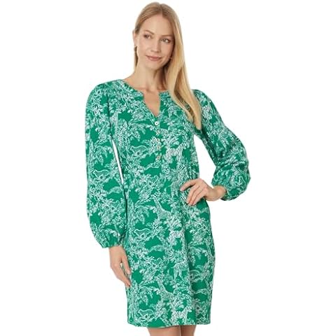 Lilly Pulitzer Emery Dress for Women - Pure Cotton Construction - 3/4 Length Blouson Sleeves - Knee Length Fiddle Leaf Green Safari Party SM One Size Cover