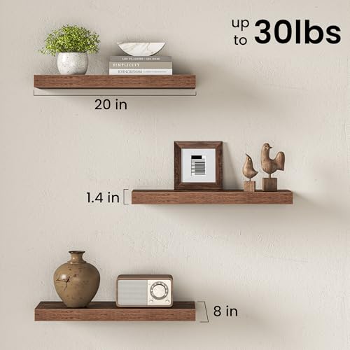 Image of Fun Memories Floating Shelves, 20 Inch Floating Shelves, Wall Mounted Rustic Wood Shelf for Bathroom, Living Room, Bedroom and Kitchen, Hanging Shelf for Storage, Books, Home Decor, Brown - Set of 3