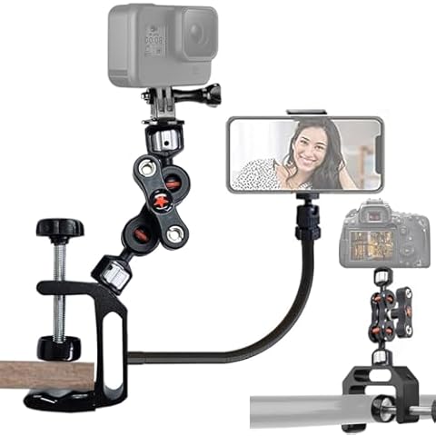 Etubby Camera Clamp Mount Phone Holder, Desktop/Pole Monitor Clamp Mount with 1/4"-20 & 3/8"-16 Thread & Dual Ballhead Magic Arm & Gooseneck Arm for DLSR Camera/Cellphone/Gopro/Webcam/LED Lights, Etc. Cover