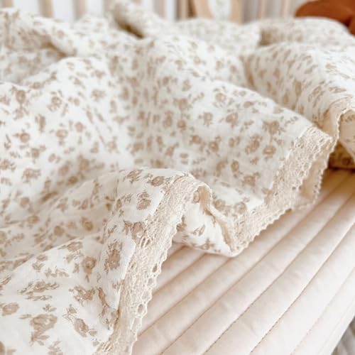 Image of BuLuTu Beige Baby Blanket Flower Print Kid Quilt for Girls Boys Muslin Toddler Quilts for Kids Bed Breathable Comforter Bedding Decor Birthday Gifts, Camellia Pattern, 60x78 Inches