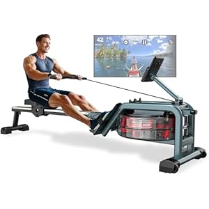 VOWVIT Máquina de Remo para Casa, Máquina de Remo con Monitor Bluetooth & Soporte para Tablet, Máquina de Remo de Agua Compatible con la App Kinomap, Fácil de Montar, Altura Máxima del Usuario 210 cm