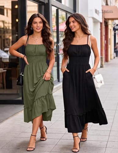 Image of GRACE KARIN Women's Summer Maxi Dress 2026,Smocked Ruched Bust Sundress with Adjustable Straps & Pockets-Beach Vacation Dress